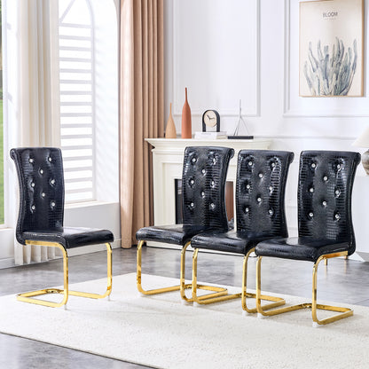 Set of 4,Retro alligator skin Upholstered dining chairs,with Crystal buckle design and Faux Leather design,a touch of elegance and mystery to the dining area,Gold plated metal bow leg image 1