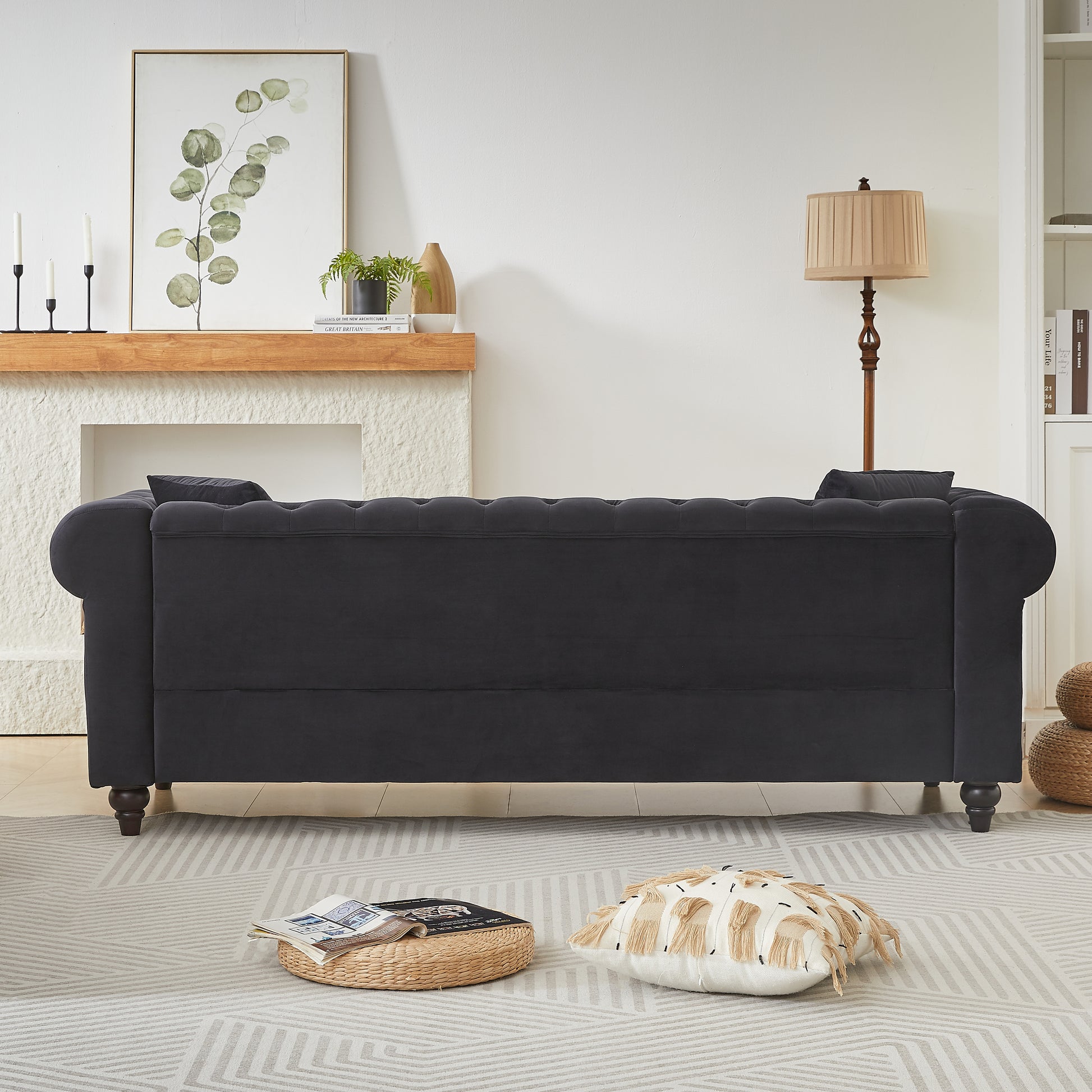 FX 85.5"Living Room with velvet Chesterfield Sofa with Rolled Arms 3 Seater Sofa with Button Design and 2 Cushions for Apartment, Office, Living Room W1926S00064 image 8