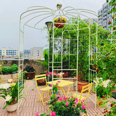 Metal Garden Arch Iron Garden Arbors Gazebo Dia 81.3'' x 114.2'' High Birdcage Shape Pergola Pavilion for Wedding Ceremony Cream White