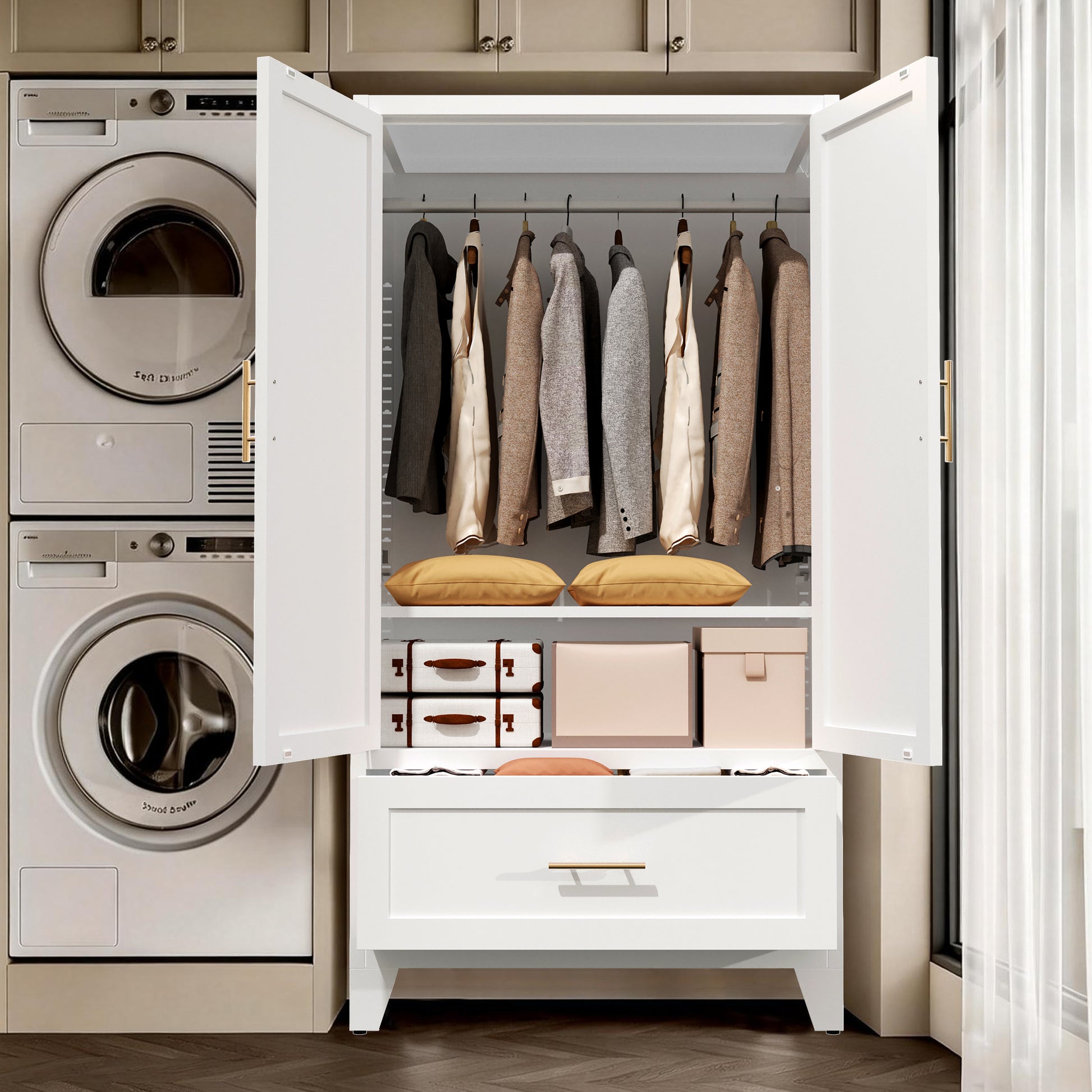 60" Tall Metal Wardrobe Cabinet with 1 Drawer and Hanging Rod, 2 Doors Wardrobe Closet with Shelf for Bedroom, Office, Laundry Room,Entryway,Foyer,Guesthouse (White) image 9