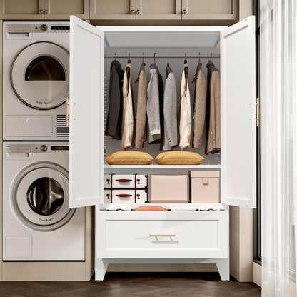 60" Tall Metal Wardrobe Cabinet with 1 Drawer and Hanging Rod, 2 Doors Wardrobe Closet with Shelf for Bedroom, Office, Laundry Room,Entryway,Foyer,Guesthouse (White) image 9
