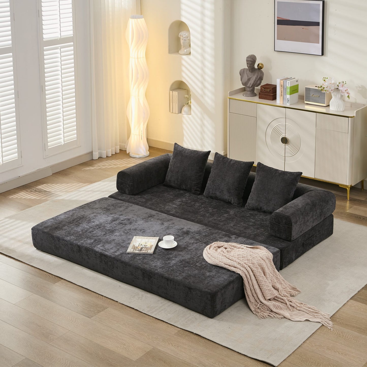 Comfy Convertible Folding Mattress Couch, Floor Sofa Bed, Chenille Floor Sofa with Armrest, Floor Sofa Lounge Couch for Living Room Bedroom Lounge Studio-Black image 1