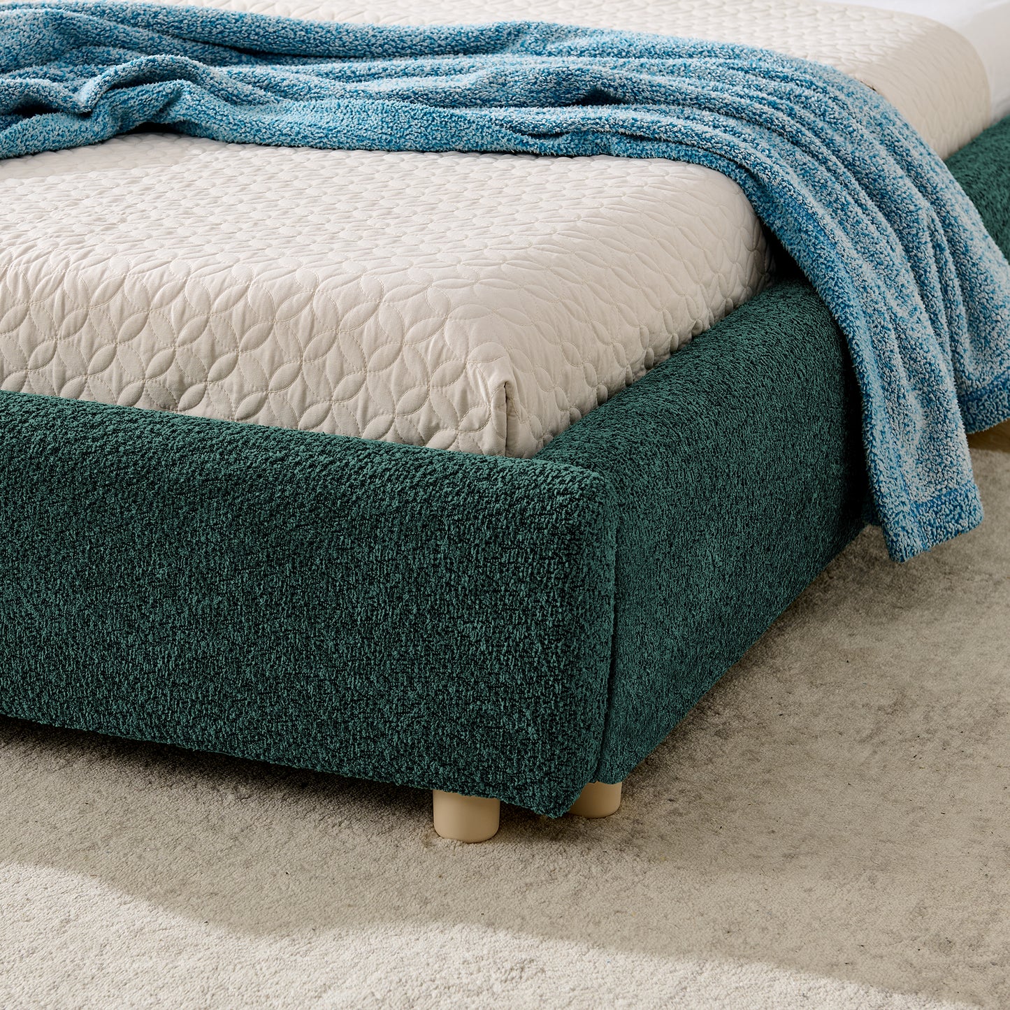 King Size Upholstered Bed Frame, Modern Minimalist Style with Tall Curved Headboard, Premium Circle Yarn Fabric & Sturdy Leg Support, Mattress Not Included-Green image 5