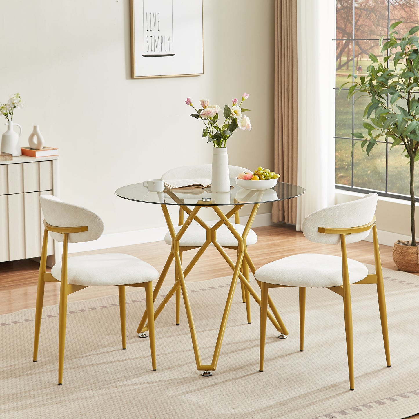 35.4-inch round tempered glass dining table, suitable for 1-4 people, space-saving small kitchen dining table, equipped with sturdy metal table legs, suitable for dining room, living room,Gold image 2