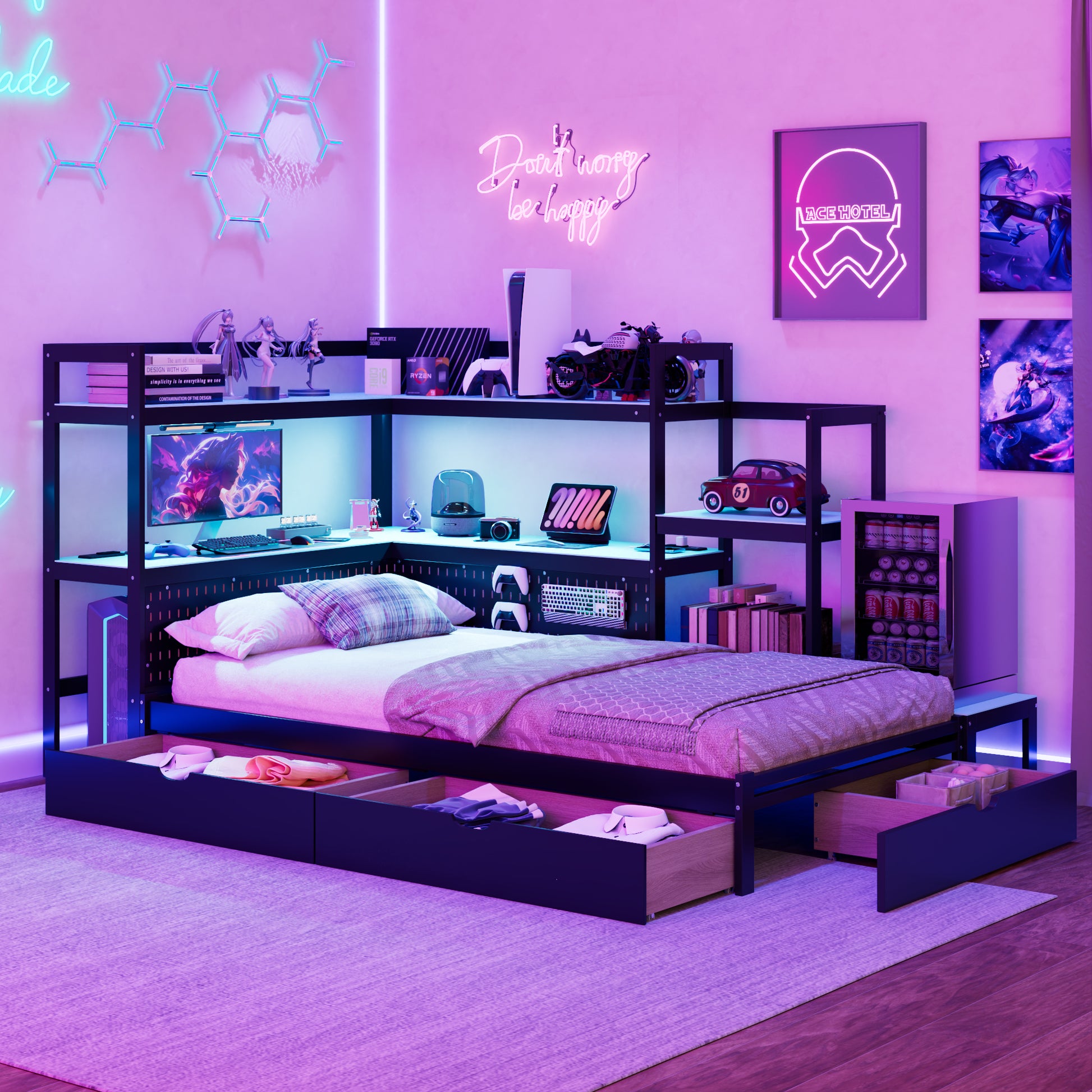 Twin Size Gaming Daybed with Integrated Desk and LED Light, Modern Wooden Bed Frame with 3 Storage Drawers and Built-in Charging Station, Multi-Functional Headboard Bookcase, Black+Blue image 1