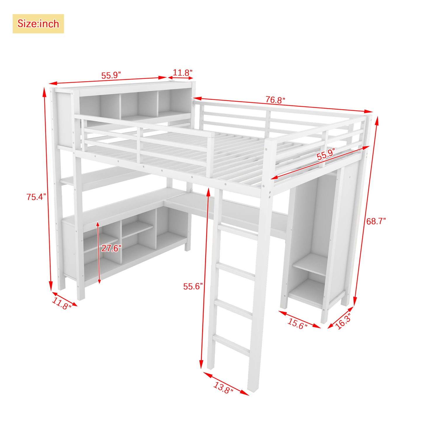 Metal Loft Bed with Wardrobe And L-shaped Desk, Full Size Loft Bed with Storage Cubes and Shelves, Heavy Duty Loft Bed for Kids Teens Adults, White image 4
