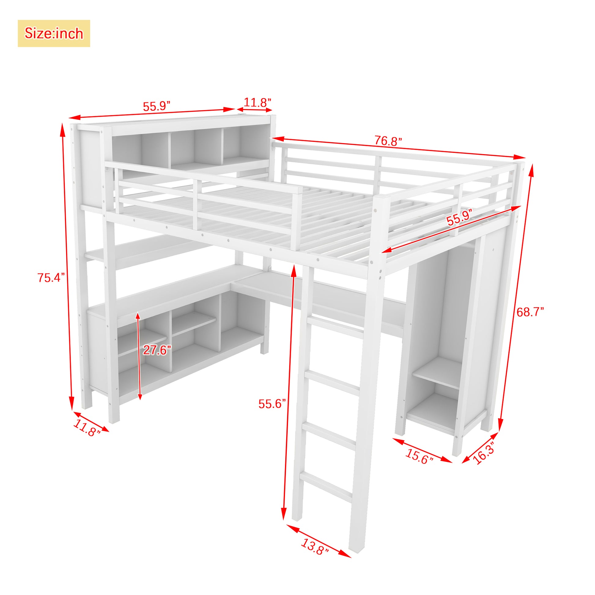 Metal Loft Bed with Wardrobe And L-shaped Desk, Full Size Loft Bed with Storage Cubes and Shelves, Heavy Duty Loft Bed for Kids Teens Adults, White image 4