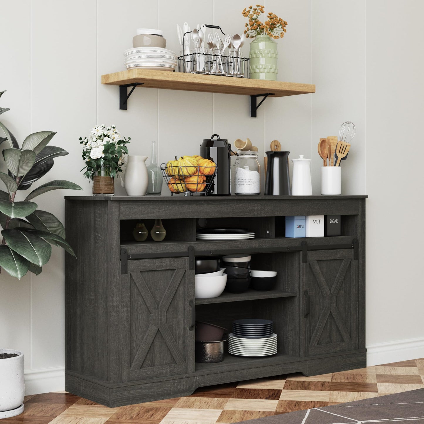 Farmhouse TV Stand with Sliding Barn Door for TVs up to 65+ Inch, 34" Tall Entertainment Center, Wood Media Console Storage Cabinet for Bedroom, Living Room, Dark Grey image 1