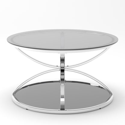 31.50'' Modern Glass Coffee Table with 2 Tiers, Ring-Shaped Frames, Chrome Finish and Gray Tempered Glass, Round Coffee Table for Living Room, Bedroom and Office, Silver image 6