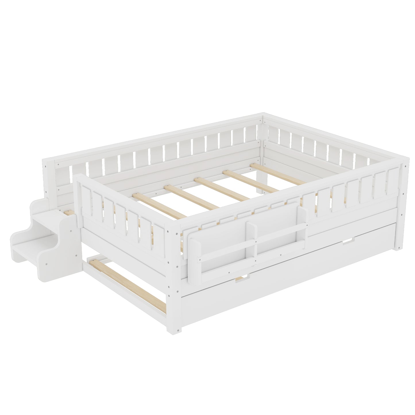 Full with built-in bookshelves and small staircase, high-quality safety rails, and Trundle,White image 11