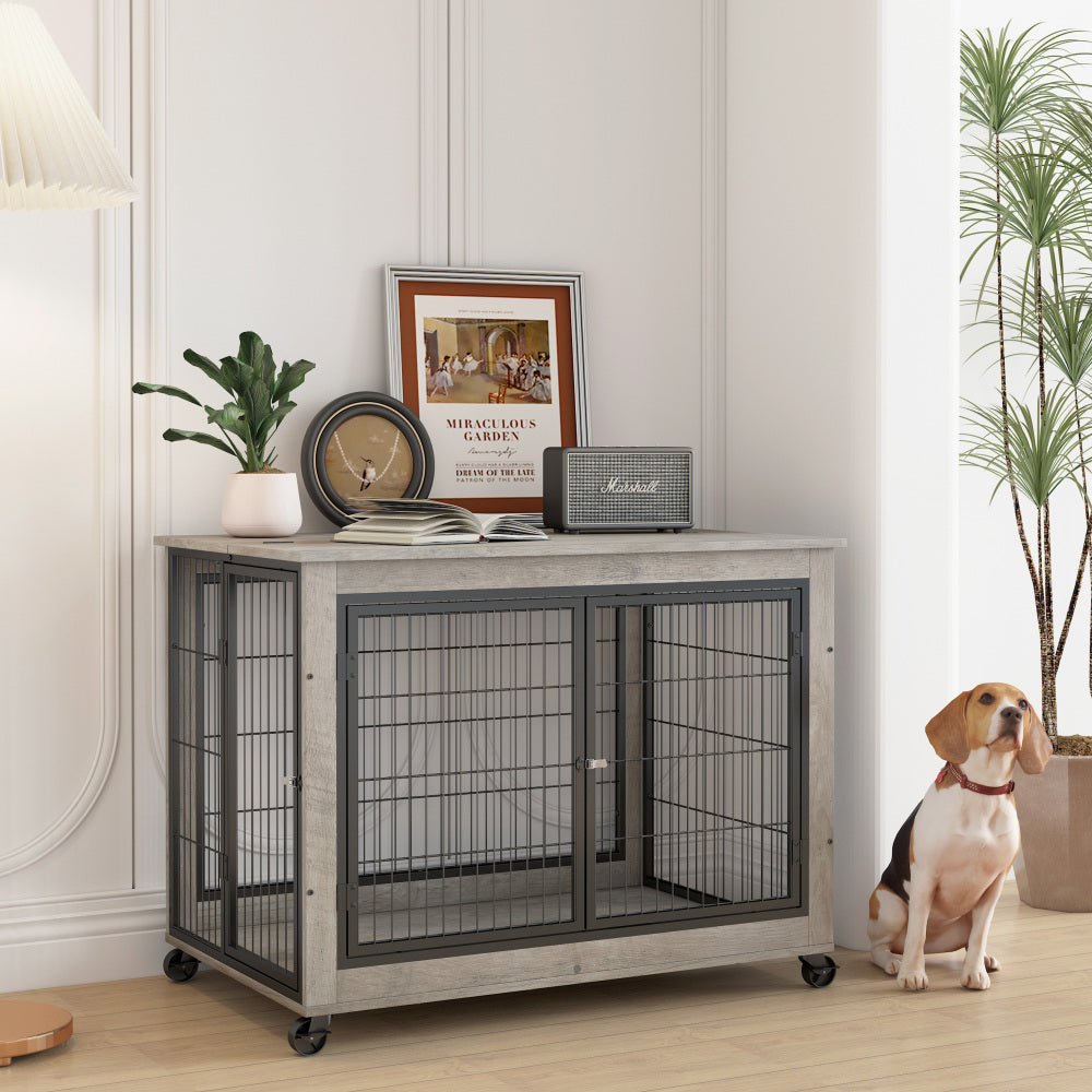 Furniture Style Dog Crate Side Table on Wheels - Grey - Dekuch