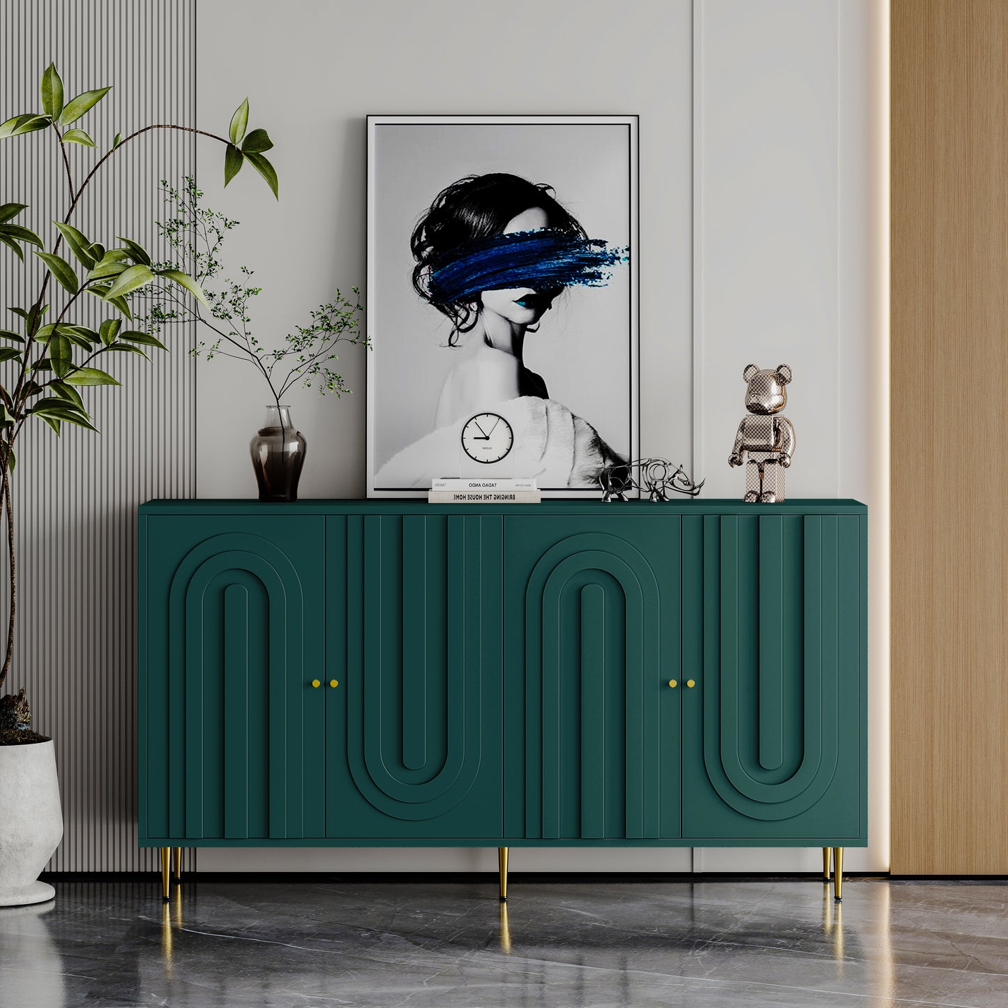 Modern Green Lacquered 4 Door Wooden Cabinet Sideboard Buffet Server Cabinet Storage Cabinet, for Living Room, Entryway, Hallway, Office, Kitchen and Dining Room image 3