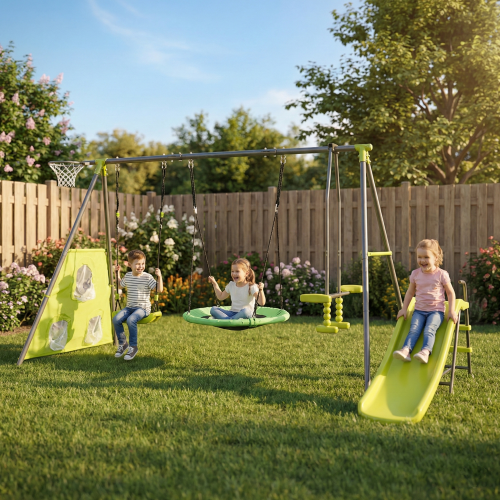 XNS052 green and blue interesting six function swingset with net swing metal plastic safe swing set 440lbs for outdoor playground for age 3+ with 31.5in net swing image 1