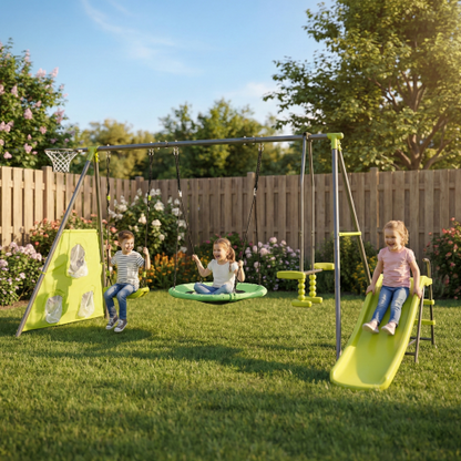 XNS052 green and blue interesting six function swingset with net swing metal plastic safe swing set 440lbs for outdoor playground for age 3+ with 31.5in net swing image 1