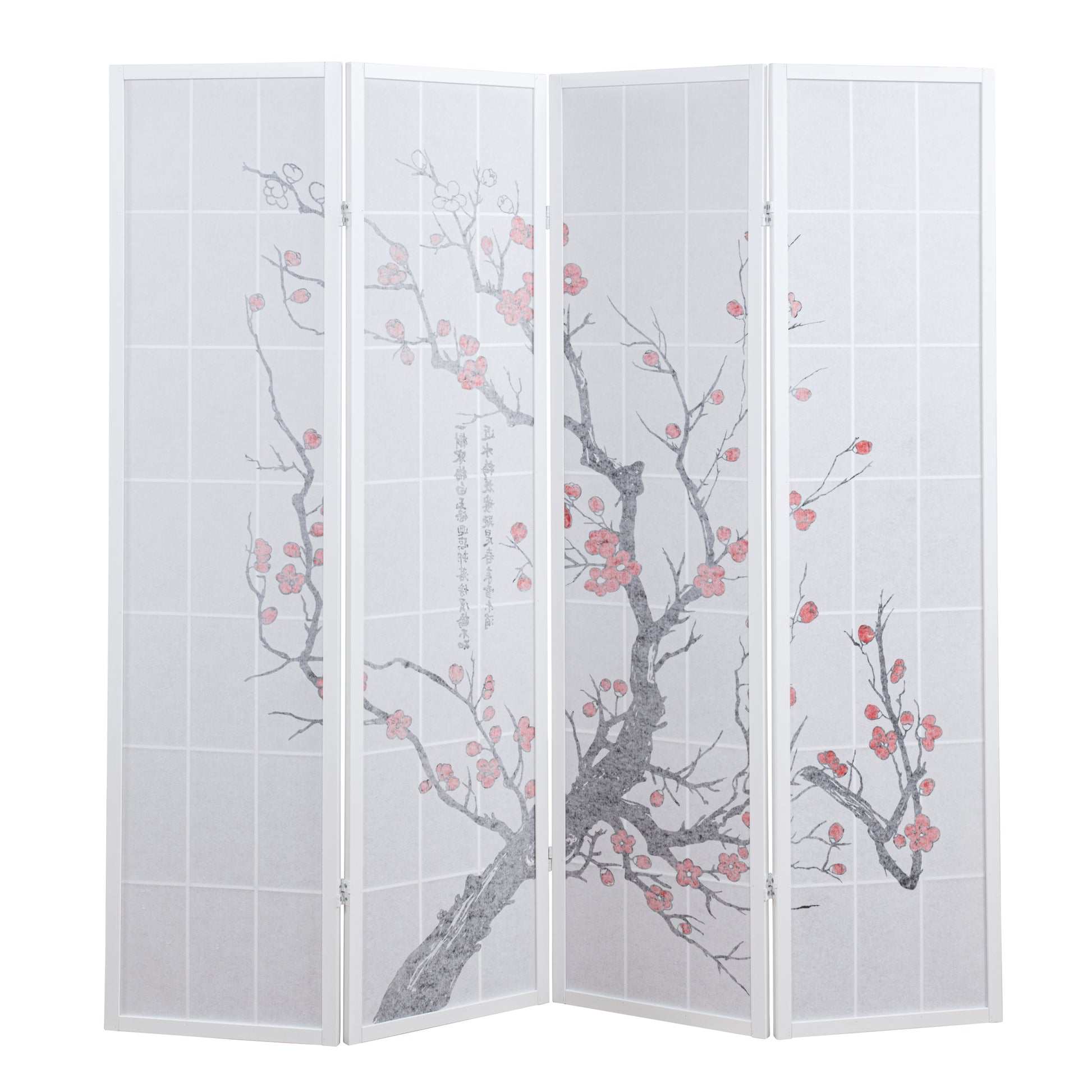 Elandra 4-Panel Room Divider, Light-Filtering Non-Woven Fabric Panels, Plum Blossom Print, Foldable Freestanding Privacy Screen, White image 5