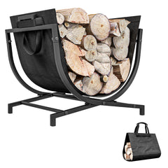 Outsunny Folding Firewood Rack with Canvas Carrier, Portable Log Rack with Handles, Heavy Duty Indoor Outdoor Wood Storage Holder for Fireplace, 16.9" x 15" x 15.9", Black