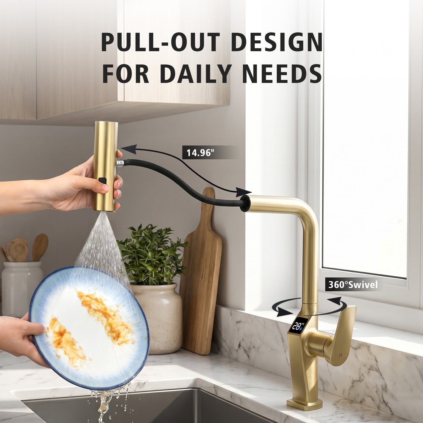 Touchless ​​Brushed Gold Kitchen Faucet with LED Display, Motion Sensor Kitchen Sink Faucet with 3-Function Pull-Out Sprayer & 360° Swivel Spout image 5