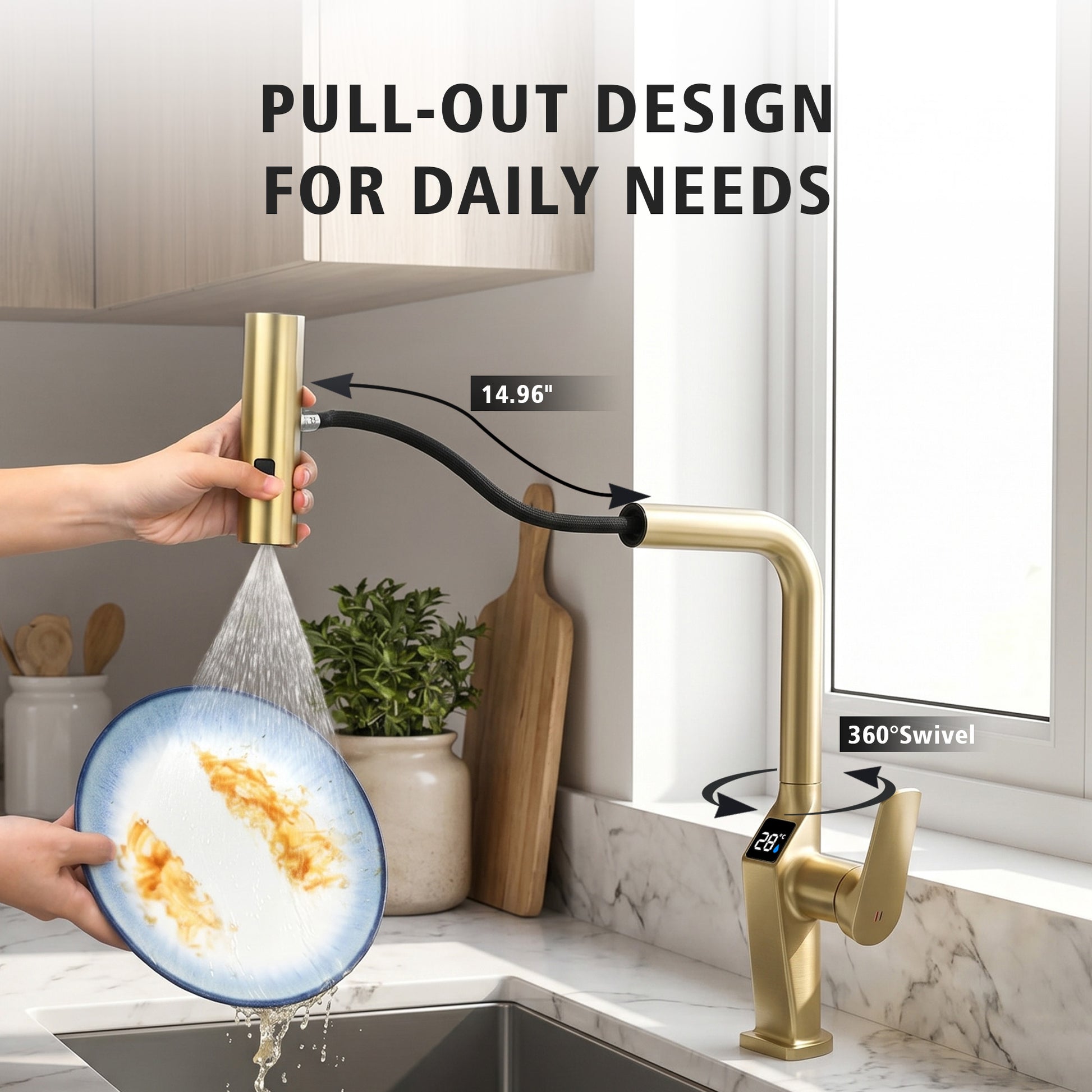 Touchless ​​Brushed Gold Kitchen Faucet with LED Display, Motion Sensor Kitchen Sink Faucet with 3-Function Pull-Out Sprayer & 360° Swivel Spout image 5