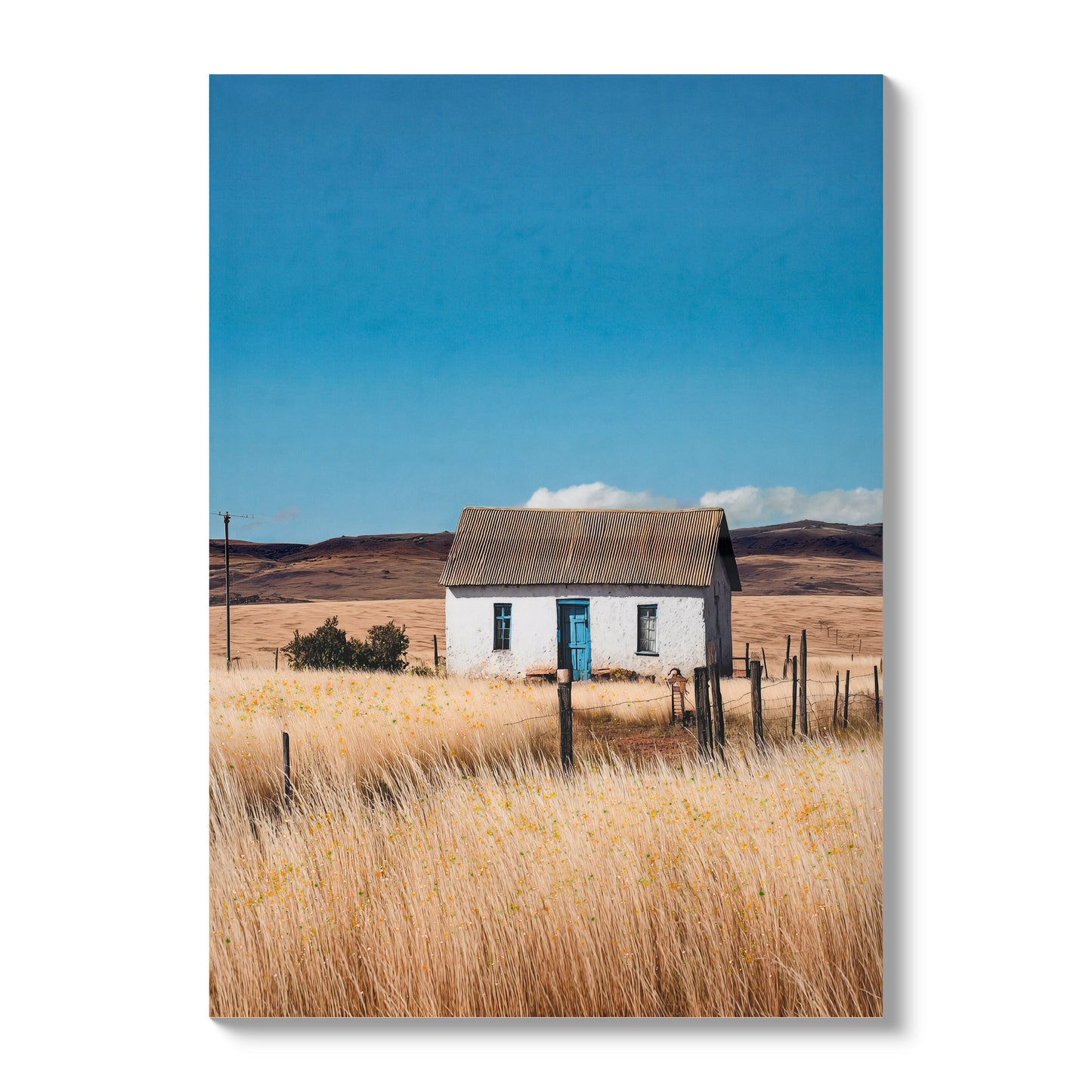 Farmhouse wall decor canvas print with wildflowers and hills