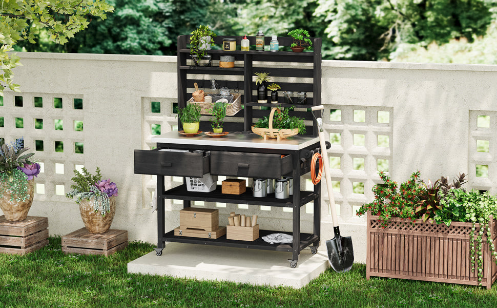 K&K 64.9"H Outdoor Potting Bench Table with Lockable Wheels, Solid Wood Outdoor Kitchen Island with Upper Hutch, Stainless Steel Top, Towel Rack,Outdoor Storage for Grilling, Lawn Garden -Black image 2