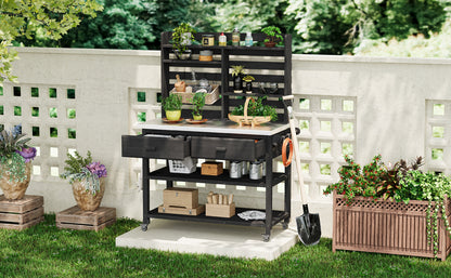 K&K 64.9"H Outdoor Potting Bench Table with Lockable Wheels, Solid Wood Outdoor Kitchen Island with Upper Hutch, Stainless Steel Top, Towel Rack,Outdoor Storage for Grilling, Lawn Garden -Black image 2