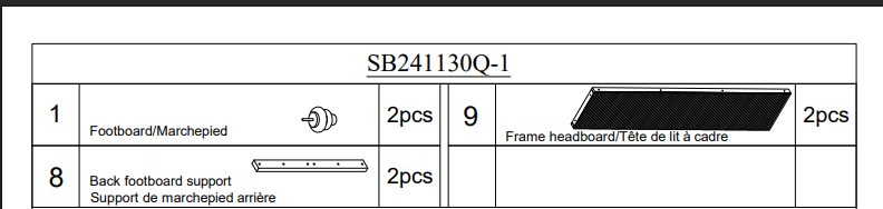 Queen Size Solid Wood Bed Accessories Package, Including part 1, part 9, and part 8.Walnut image 3