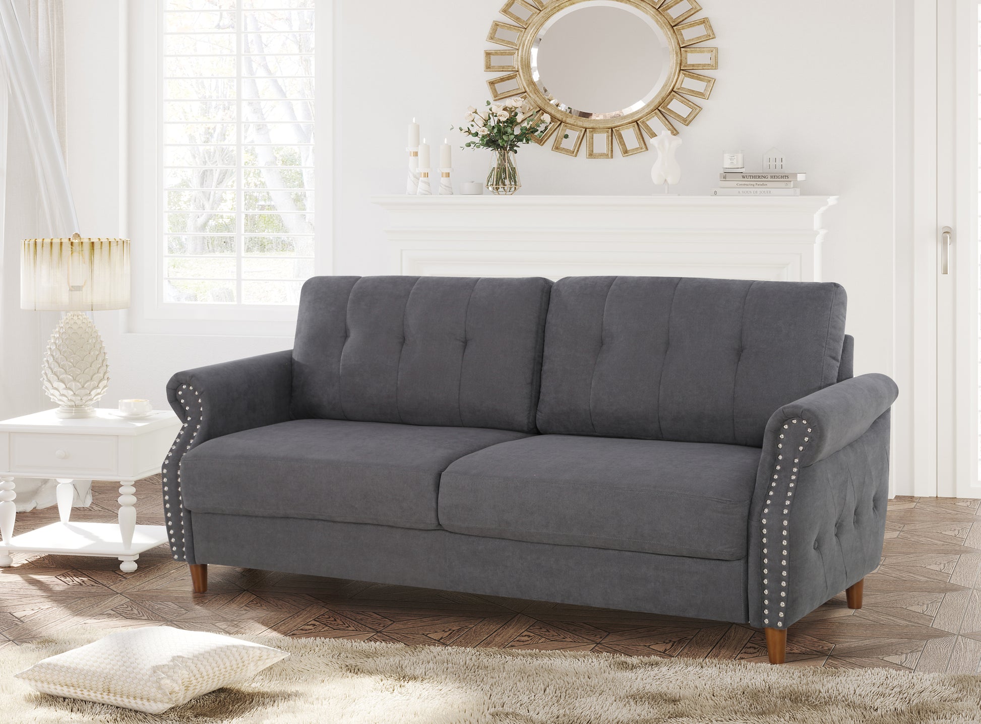 Transitional Button Tufted Loveseat Sofa, Rolled Arm with Nailhead Trim Polyester Fabric 3-Seater Couch, Solid Pine Frame Round Rubber Legs for Living Room, Multi Colors Option image 8