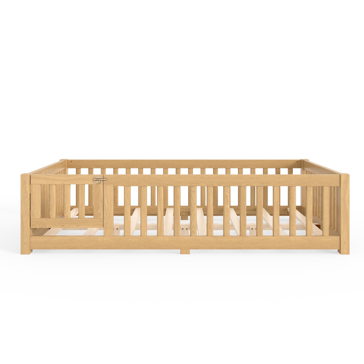 Full Size Bed Floor Bed with Safety Guardrails and Door for Kids, Natural image 9