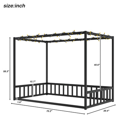 Twin size sunshade floor bed, iron double-size bed frame, modern low-profile double-size bed, equipped with fence-style guardrails, black series image 9