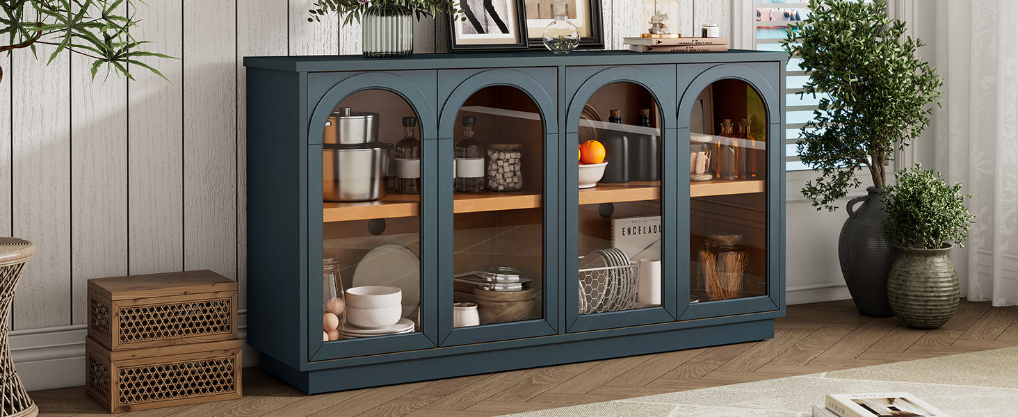 TREXM 4-Door Large Storage Buffet Cabinet with Glass Doors, Arched Cabinet with Adjustable Shelves for Kitchen, Dining Room and Living Room (Navy) image 4