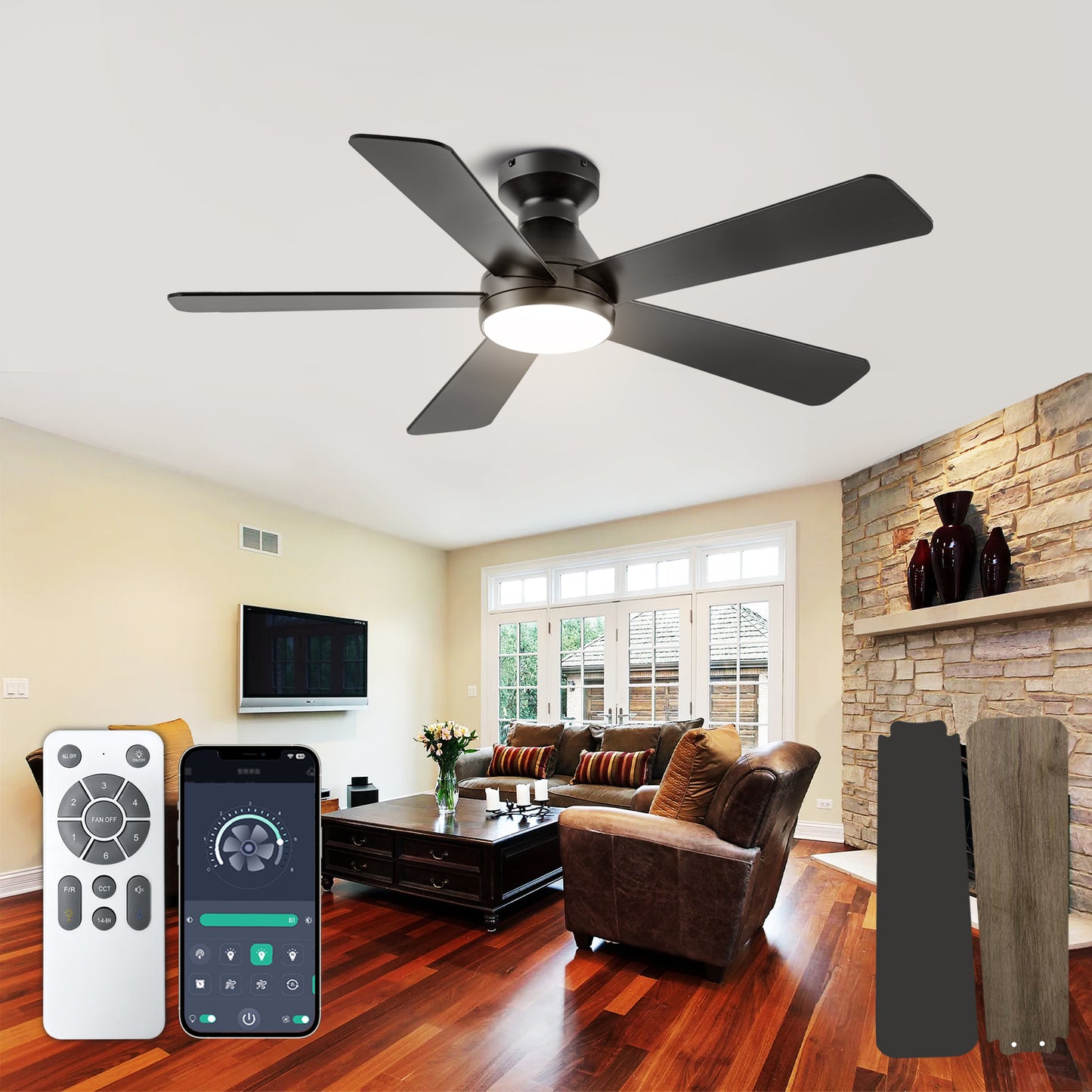 Ceiling Fans with Lights, 52 inch Low Profile Ceiling fan with Light and Remote Control, Flush Mount, Reversible, 3CCT, Dimmable, Noiseless, Black Ceiling Fan for Bedroom, Indoor/Outdoor Use image 1