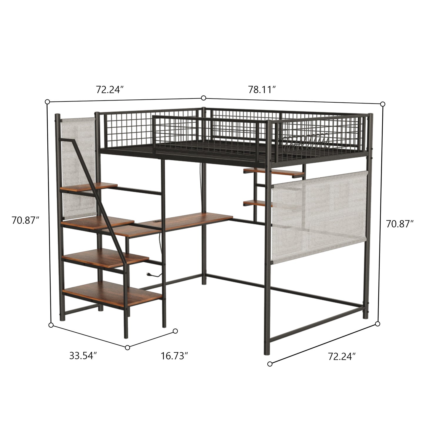 Full size loft metal bed with black for bedroom and dormitory, with built-in charging station and LED lighting image 2
