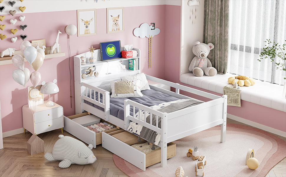 Wood Twin Size Platform Bed with Built-in LED Light, Multi-functional Headboard, Guardrail and 2 Drawers, White image 6