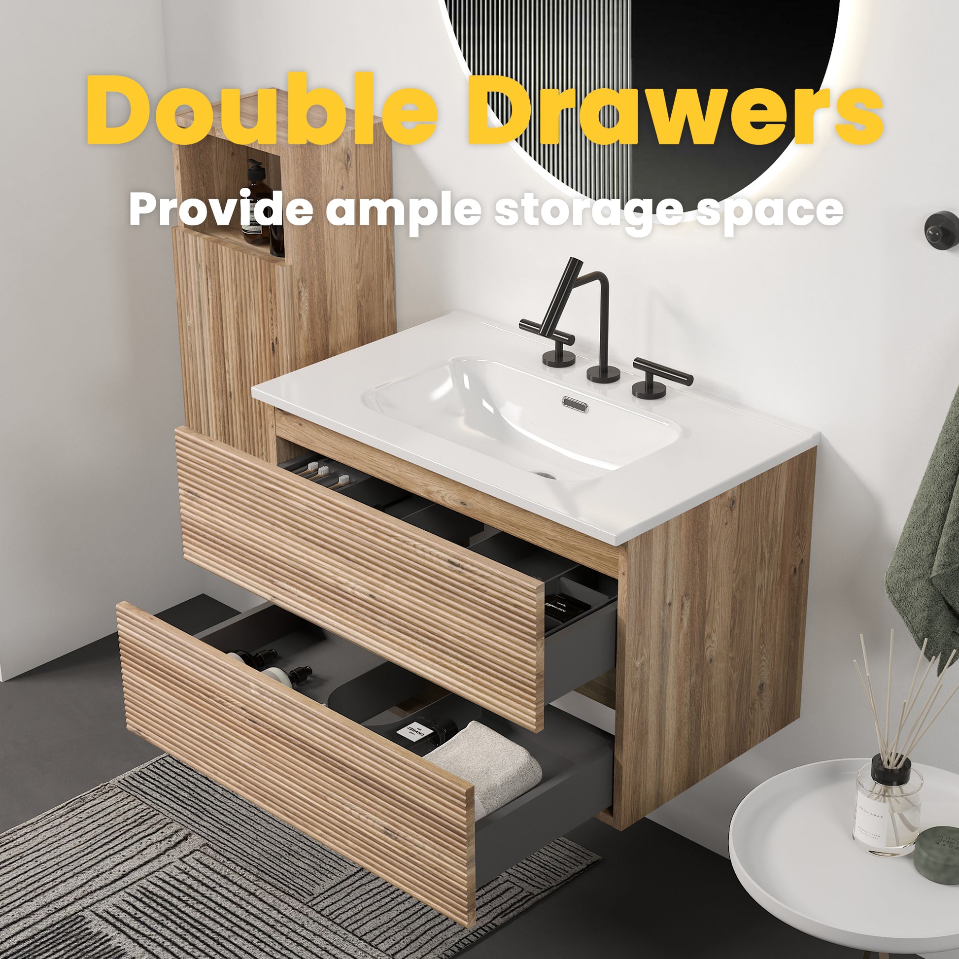 Gloria 30" Wall Mounted Rough Oak&Rough Oak Bathroom Vanity with Integrated Ceramic Sink with Overflow, with 3 holes, Large Storage Floating Bathroom Vanity for Modern Bathroom, KD image 5