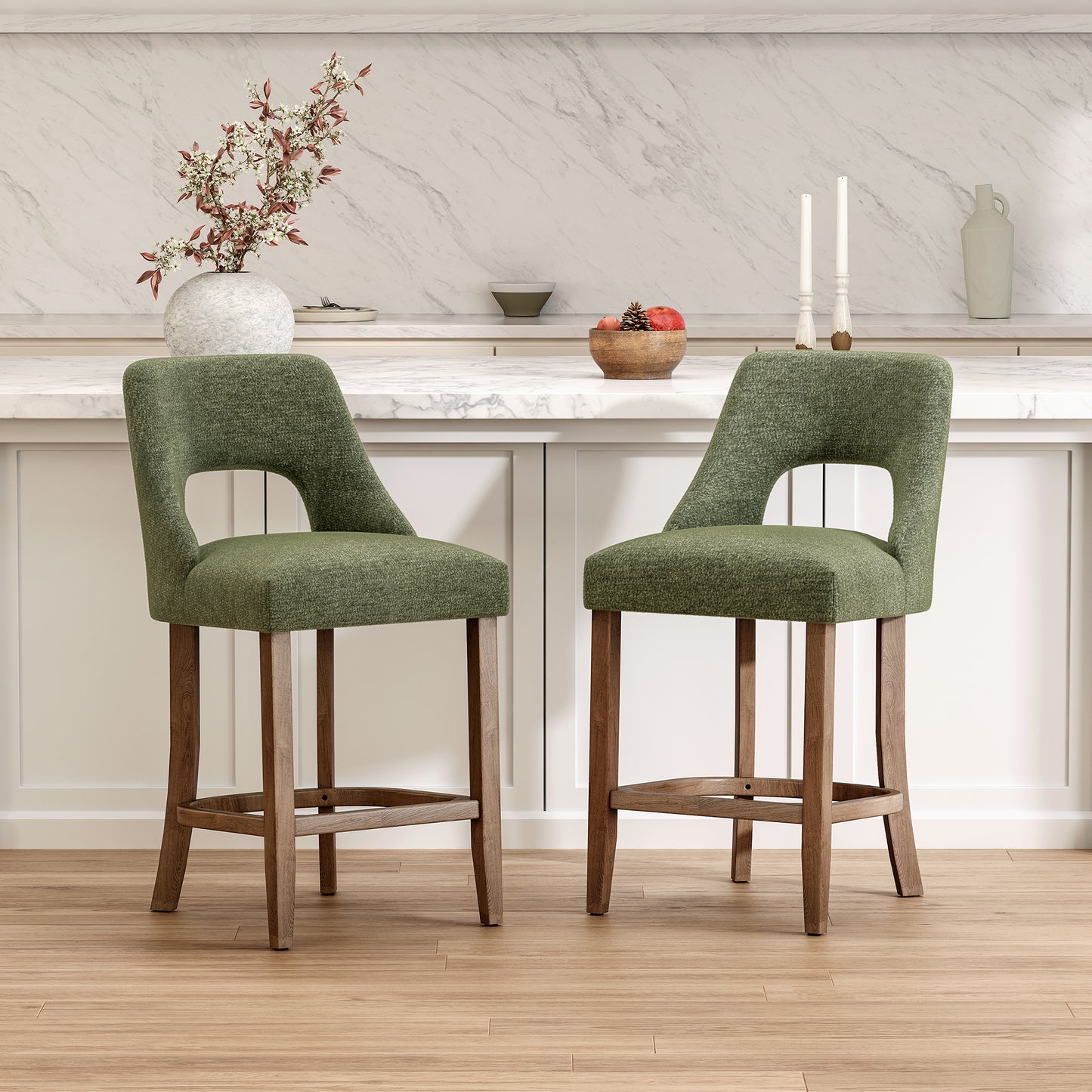 Bar Stools Set of 2, Upholstered Counter Height Bar Stools, Modern Counter Stools with Wood Legs for Kitchen Island Dining Room Bar, Green image 1
