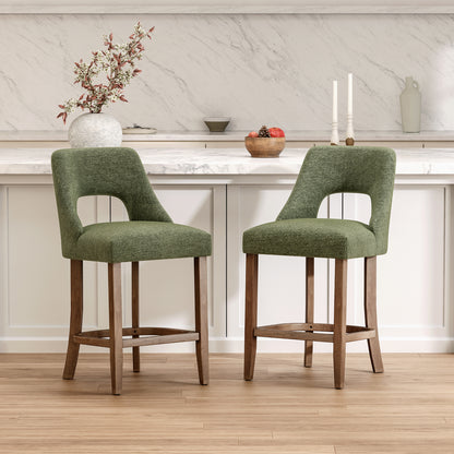 Bar Stools Set of 2, Upholstered Counter Height Bar Stools, Modern Counter Stools with Wood Legs for Kitchen Island Dining Room Bar, Green image 1
