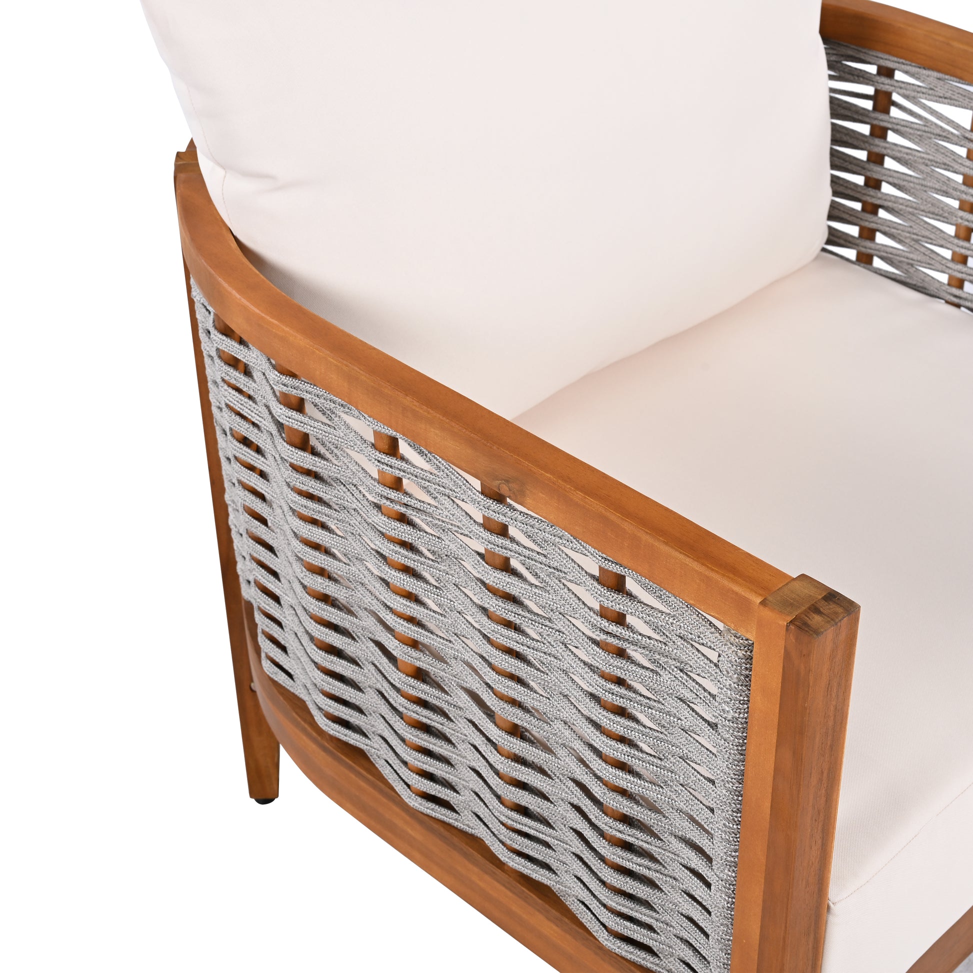 Outdoor Unique Tub Design Armchair with Woven Rope, Patio Furniture Acacia Wood Chair, Deep Seating with Soft Cushions for Porch, Garden, Backyard, Balcony, Teak Finish & Beige Cushion image 12