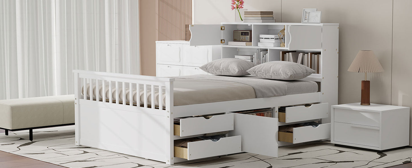 Full Size Captain Platform Bed Frame with Storage Bookcases and Shelves,Four Drawers,White image 10