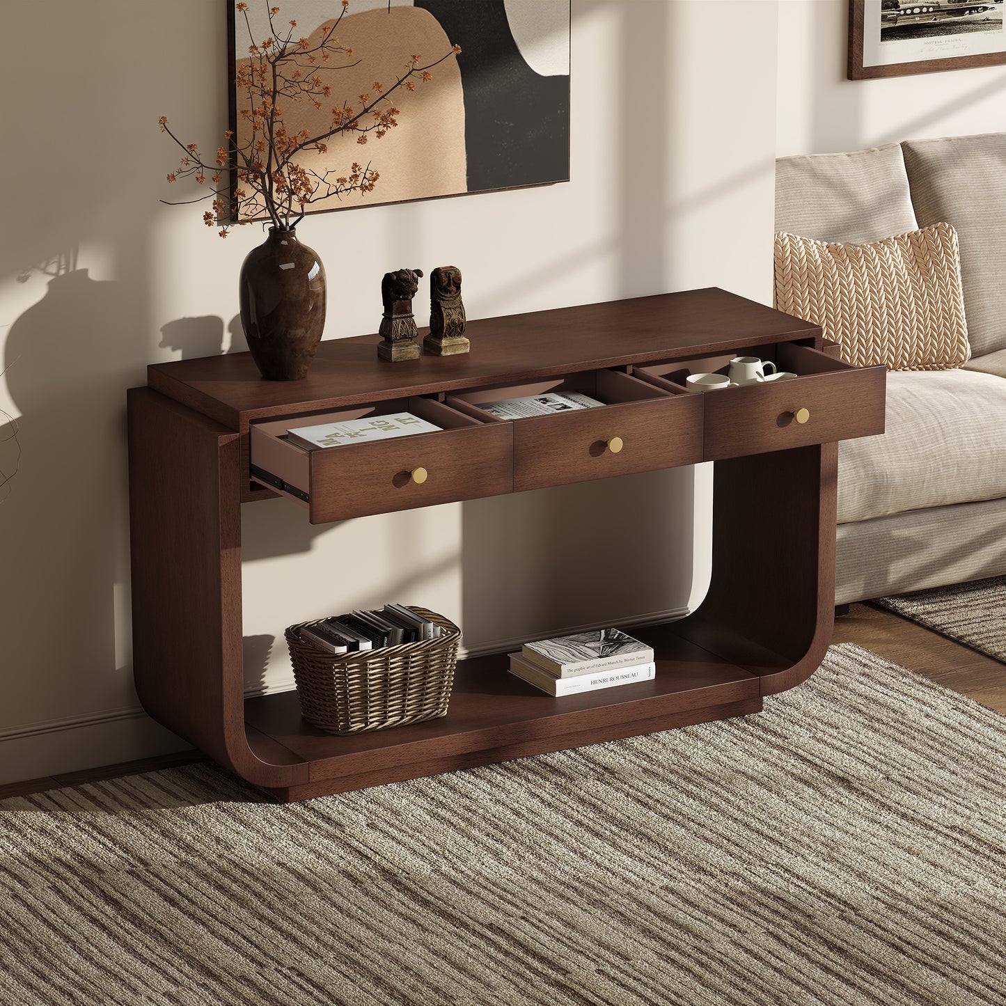 Classic-Style Console Table, 3 Storage Drawers, Display Shelf, Curved Legs, Painted Finish, Entryway/Hallway/Living Room, Walnut image 3