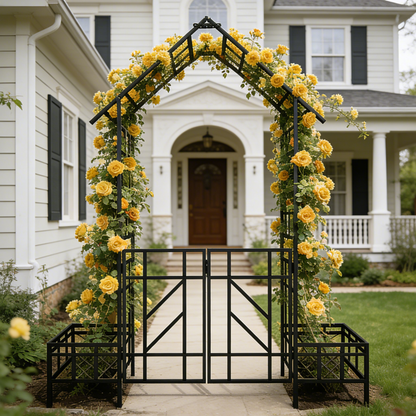 Metal Garden Arch with Gate with planter W80.71*H97.24 Climbing Plants Support Rose Arch Outdoor Black image 1