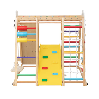 9-in-1 Foldable Kids Climbing Frame & Slide, Wooden Toddler Playground with Swing, Monkey Bars, Climbing Rock, Abacus Game – Indoor Outdoor Playset for Ages 3+, Natural Wood, 176LBS Capacity image 11