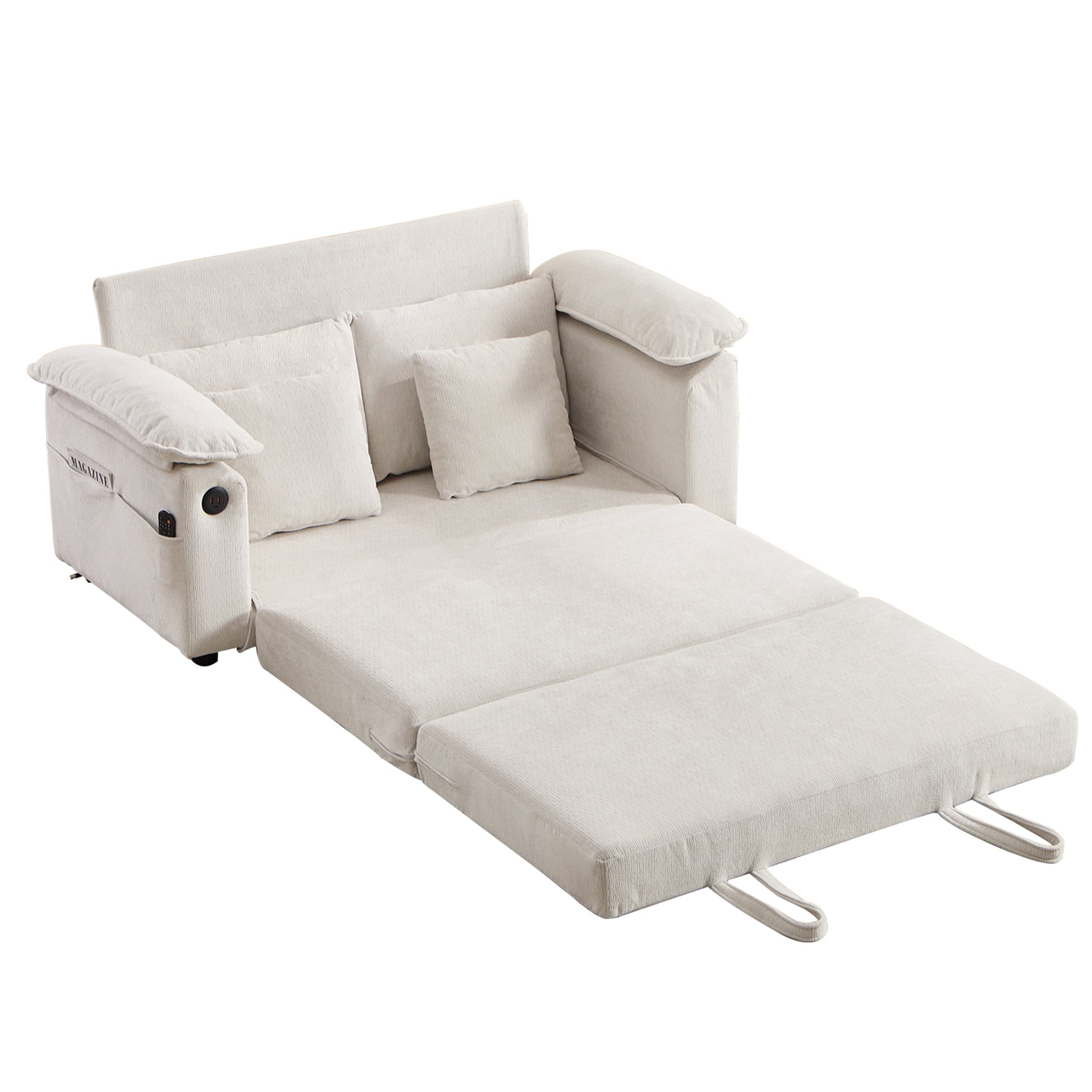 58 inch 3-in-1 Upholstered Futon Sofa Convertible Floor Sofa bed,Foldable Tufted Loveseat with Pull Out Sleeper Couch Bed,Folding Mattres Love Seat Daybed W/Side Pockets for Living Room White image 11