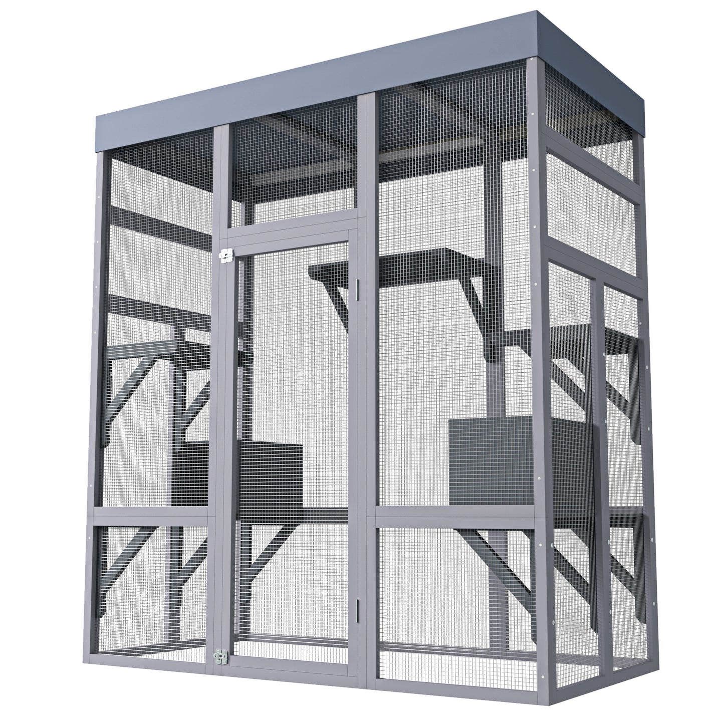 62.6" Wooden Outdoor Catio for Cats, Large Cat Enclosure with Waterproof Roof, 2 Napping House, Platforms & Galvanized Wire – Pet Cage for Backyard or Patio image 11