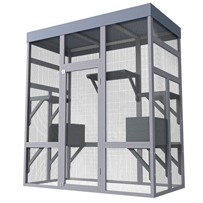 62.6" Wooden Outdoor Catio for Cats, Large Cat Enclosure with Waterproof Roof, 2 Napping House, Platforms & Galvanized Wire – Pet Cage for Backyard or Patio image 11