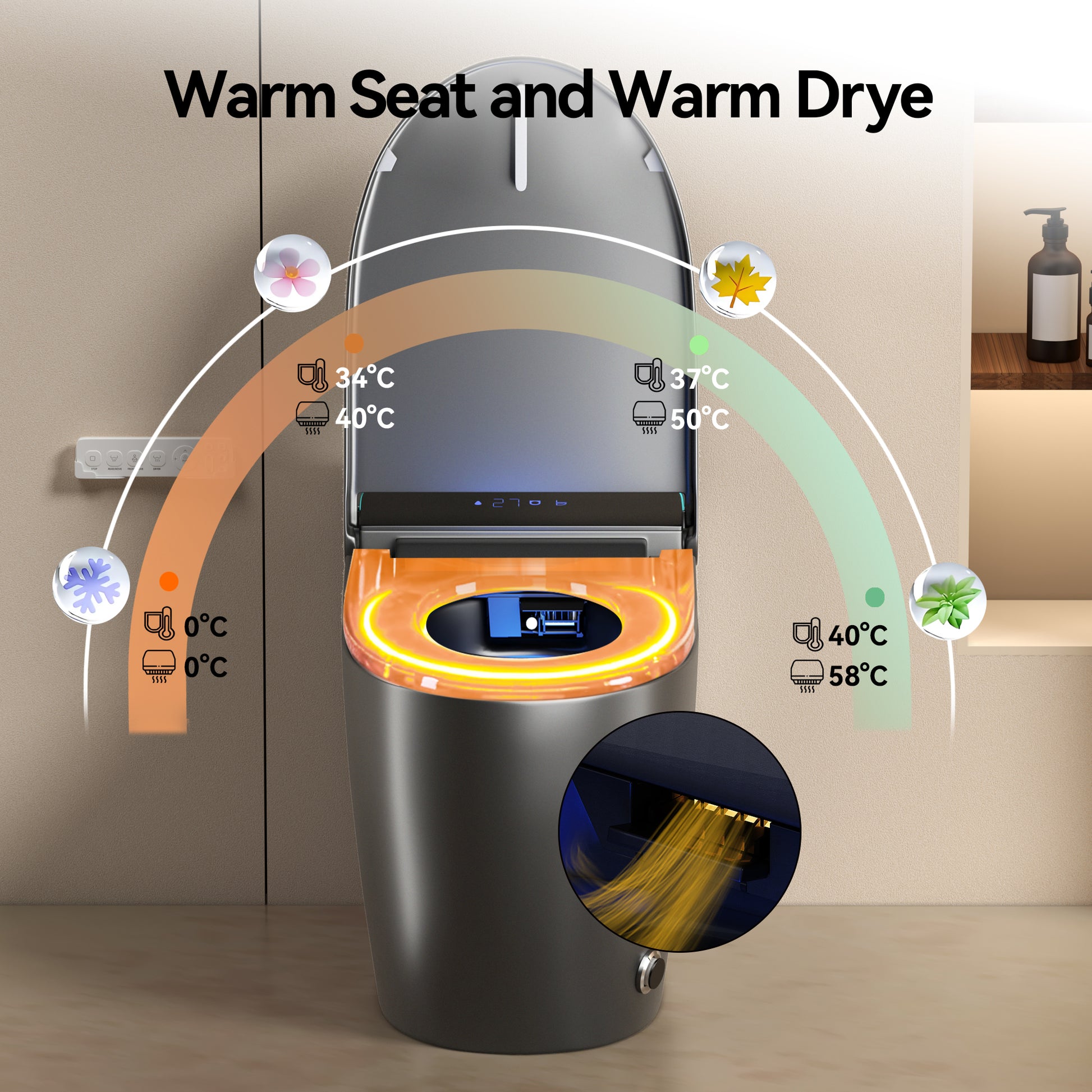 Unique Smart Toile, One Piece Toilet with Bidet Built In,Intelligent Toilet Auto Open/Close Seat. Bidet toilet with Dryer and Warm Water.Gray image 6