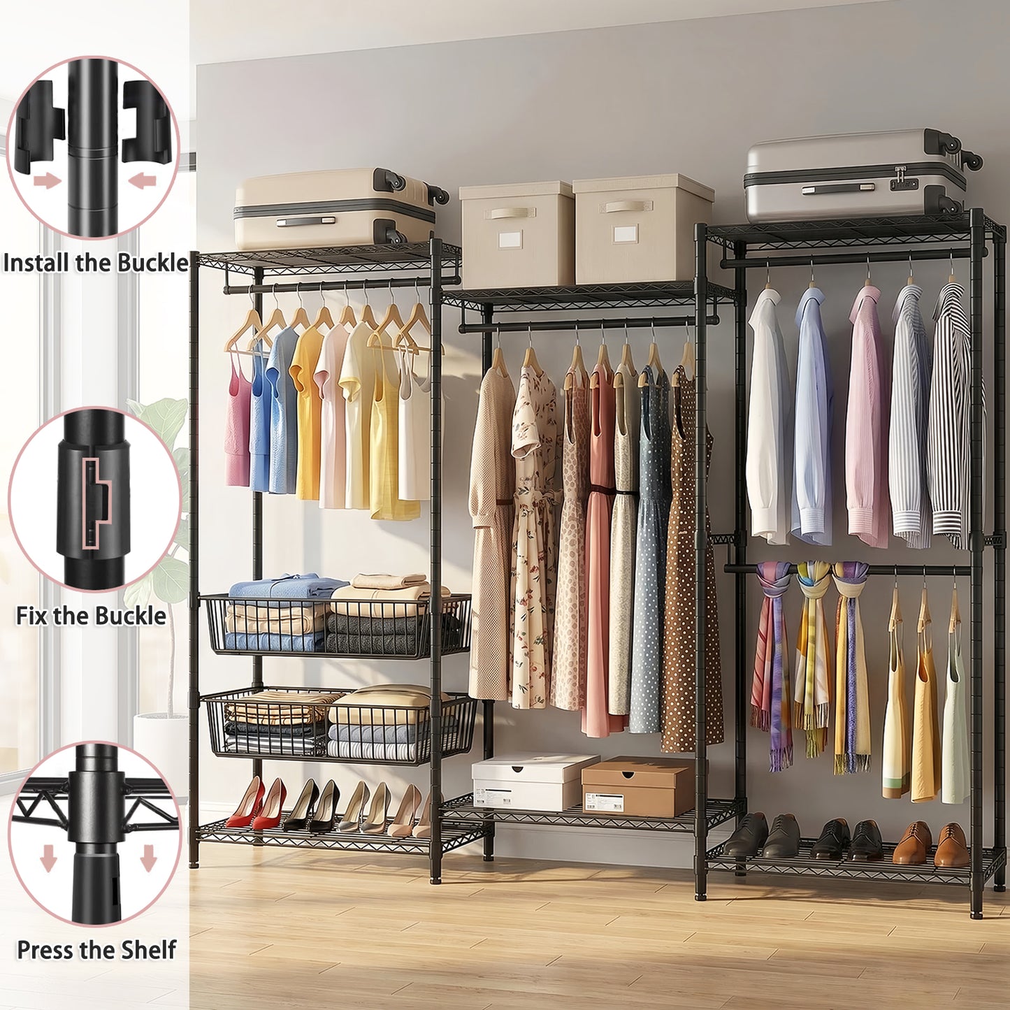 Heavy Duty Clothes Rack, Freestanding Garment Rack with 4 Hanging Rods & 2 Wire Baskets, Large Size Clothing Rack with Adjustable Wire Shelves, 68.5" W x 17.1" D x 76.4" H, Black image 9
