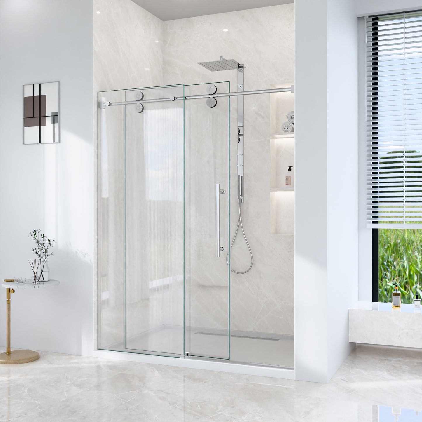 56"-60"W*72" H Frameless Single Sliding Shower Door – 5/16" (8mm) Clear Tempered Glass, Bypass Design with Chrome Finish image 3