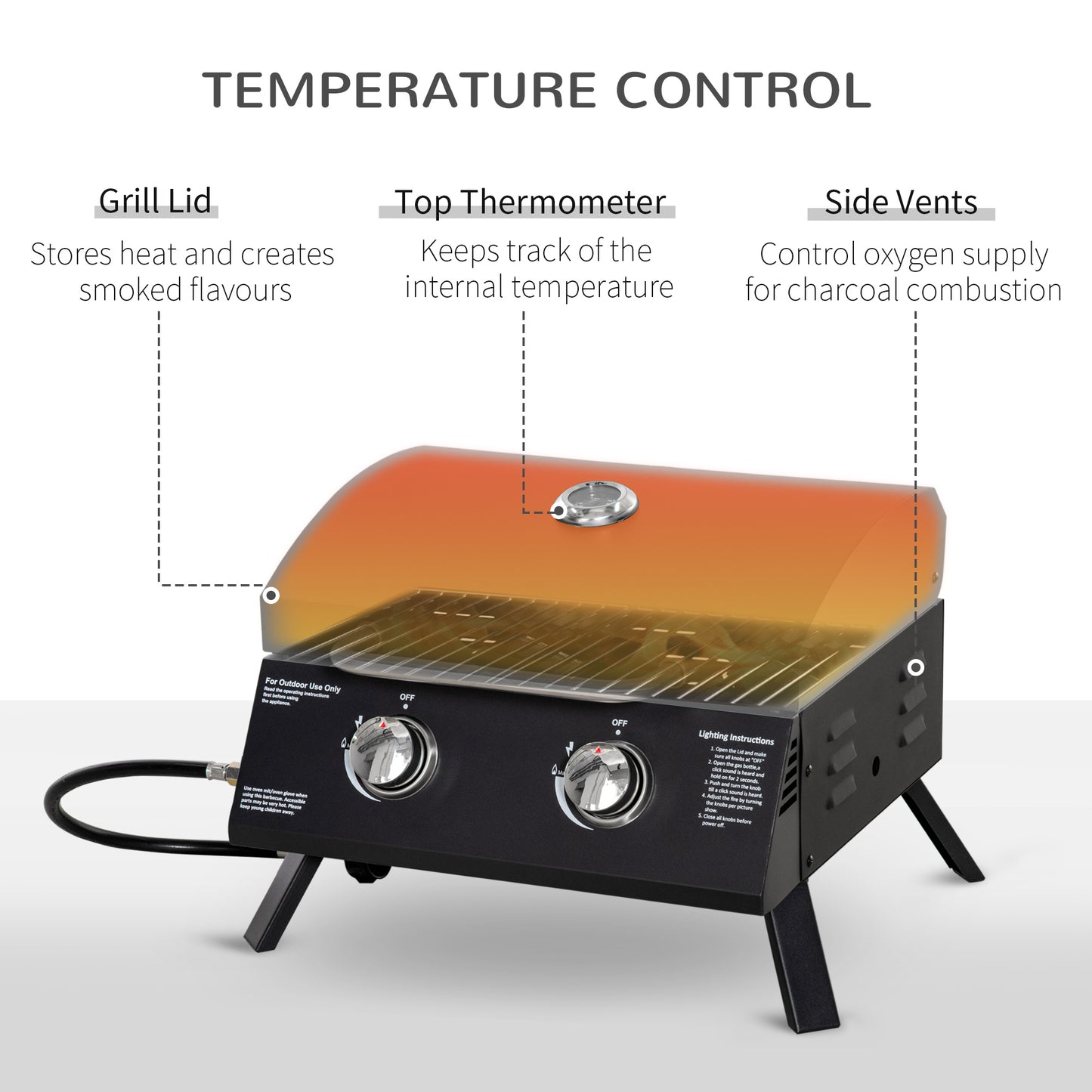 Outsunny 2 Burner Propane Gas Grill Outdoor Portable Tabletop BBQ with Foldable Legs, Lid, Thermometer for Camping, Picnic, Backyard, Black image 4