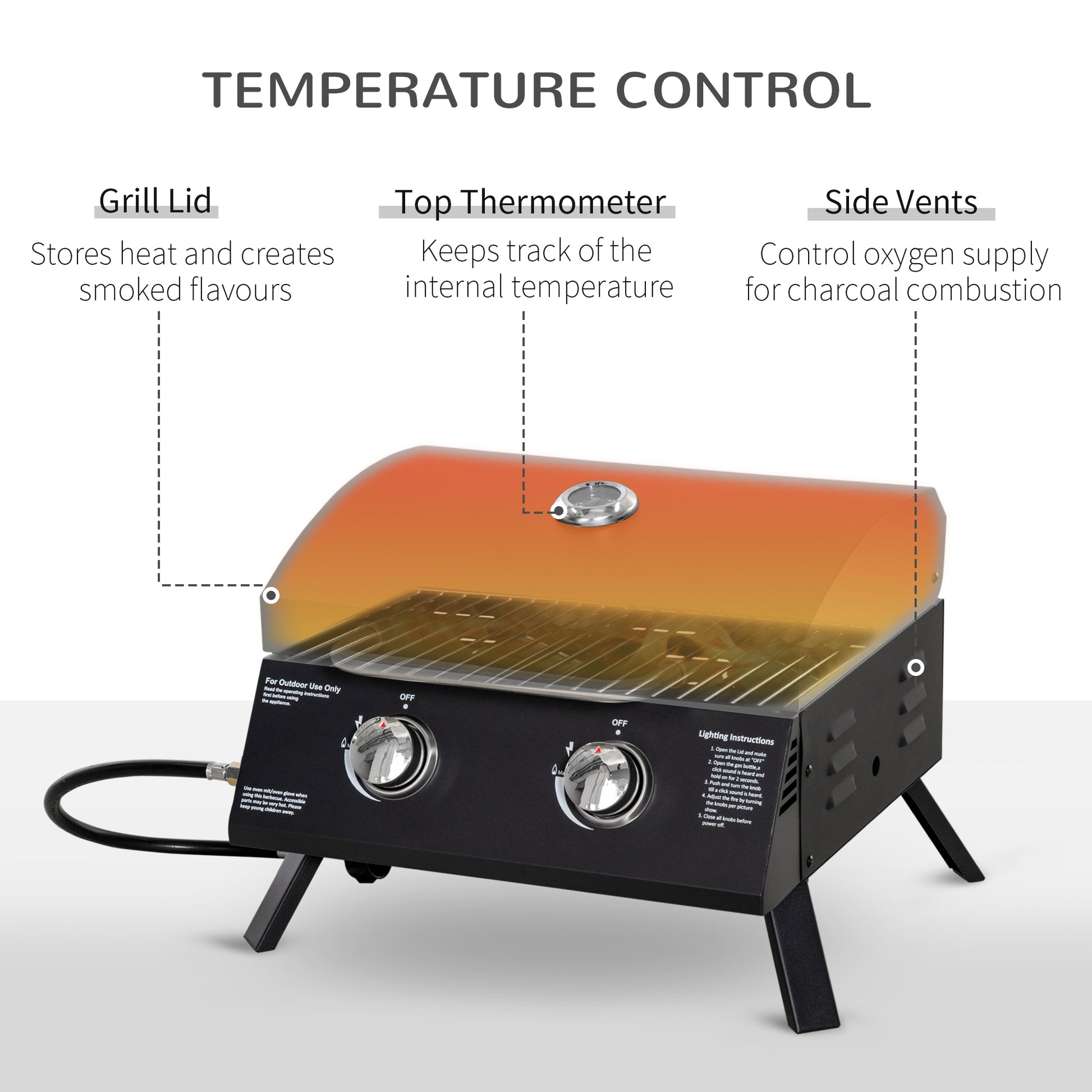 Outsunny 2 Burner Propane Gas Grill Outdoor Portable Tabletop BBQ with Foldable Legs, Lid, Thermometer for Camping, Picnic, Backyard, Black image 4
