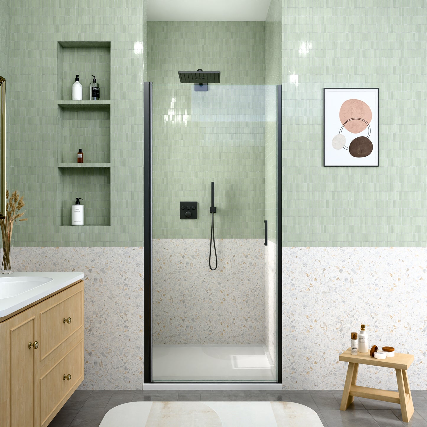 34" W x 72" H Semi-Frameless Circular Pivot Shower Door in Matte Black With 1/4" (6mm) Thick SGCC Tempered Glass image 1
